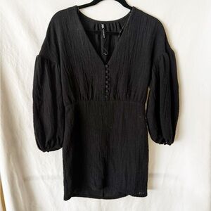 ZARA Black Textured Mini Dress V-Neck Button Front Puff Sleeve Size Small